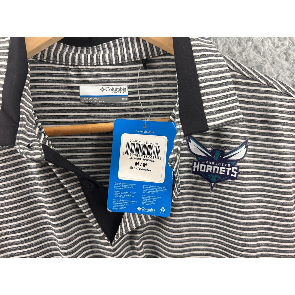NWT Charlotte Hornets Columbia Polo Shirt Men’s Medium Gray Stripe‎ Omni-Wick